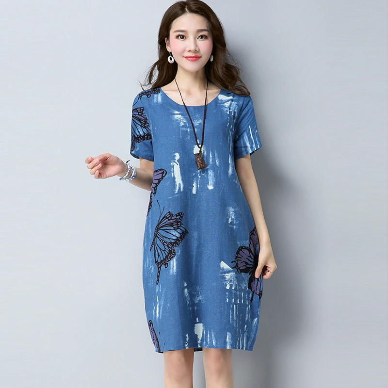 Женское винтажное платье с коротким рукавом Повседневное из хлопка и льна