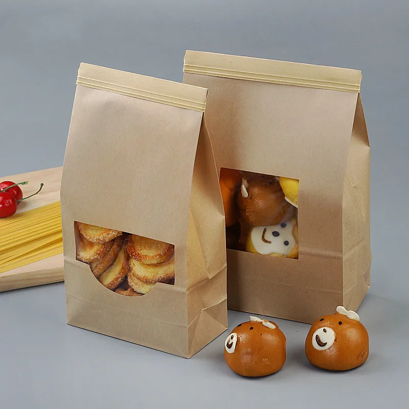 

50pcs Kraft paper with transparent window biscuit baking melon tea candy food packaging bags self-standing sealing storage bag