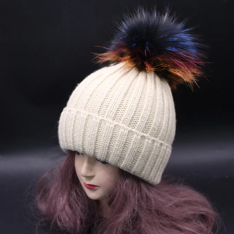Шапка с помпоном из натурального меха 2019 плотная вязаная шапка большим енота