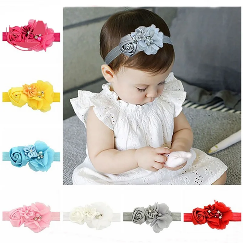 12 шт./лот повязка на голову с шифоновыми цветами и жемчужинами для девочек