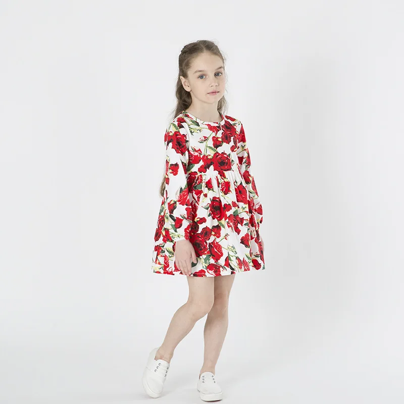 Red Flower Princess Dress Girls Long Sleeve Floral Baby Girl Wedding Party Dresses Print Outfits Toddler Clothing For 3-8T | Детская
