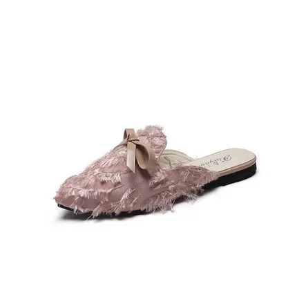 Женские домашние искусственные туфли на плоской подошве с бантом меховые