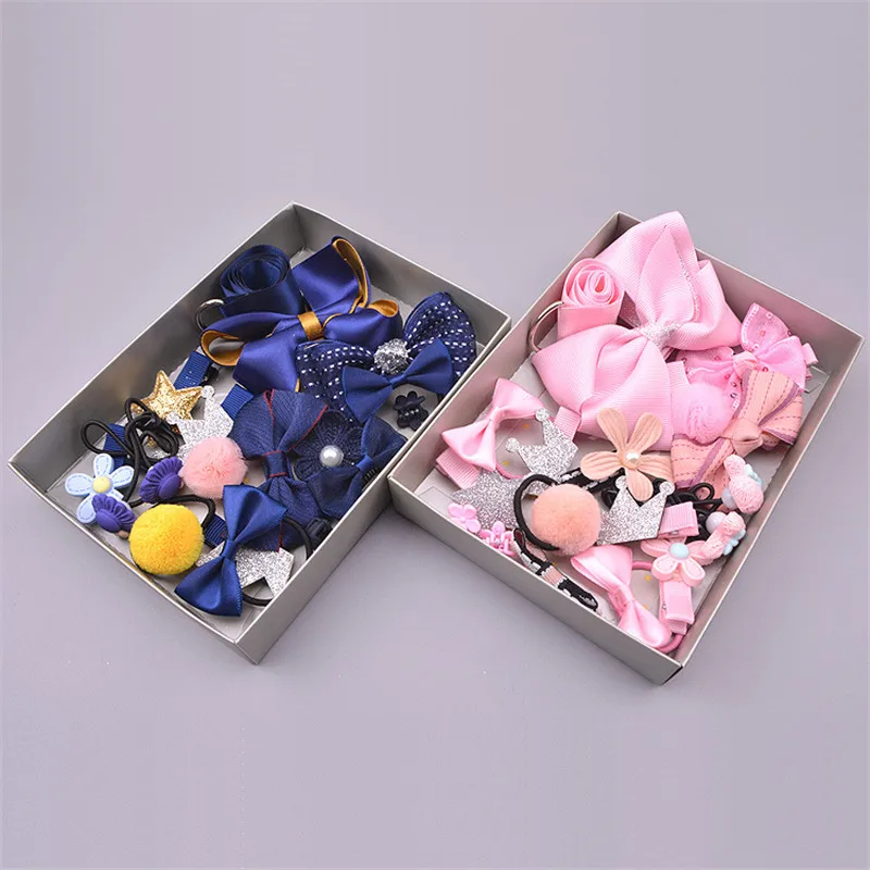 1 Set(17pcs) Mix Style Girls Hair Bows Kits with Full Covered Clips Hairclips Ties Crown Kids' Accessories | Детская одежда и