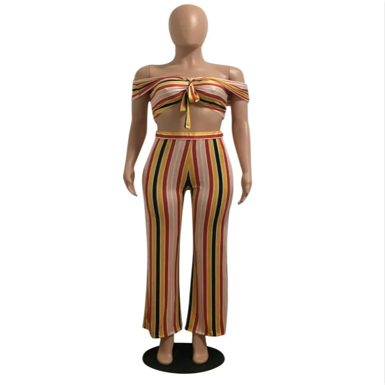 Женский спортивный костюм в полоску повседневный облегающий из двух предметов с