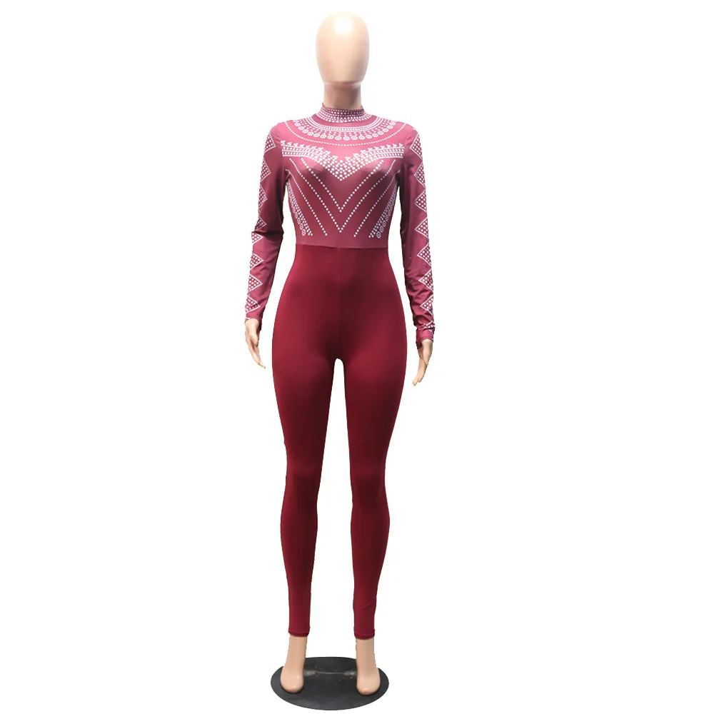 LE CELEBRE O Neck Bandage Jumpsuits Full Length Women 2018 Print Bodysuit Long Sleeves Female Jumpsuit | Женская одежда