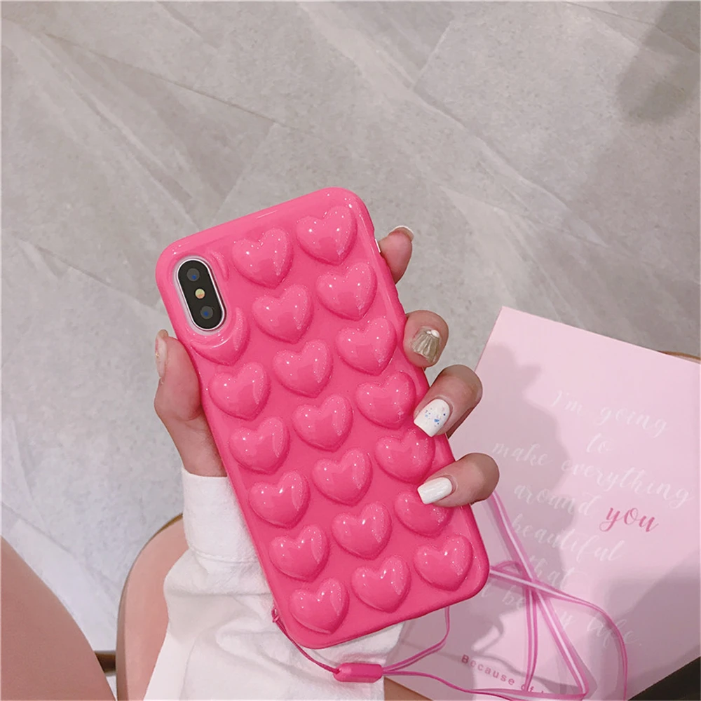 3D Love Heart Phone Case For iPhone X XS MAX XR Cartoon Cases 7 8 6 6S Plus Soft TPU Protection Cover With Lanyard |