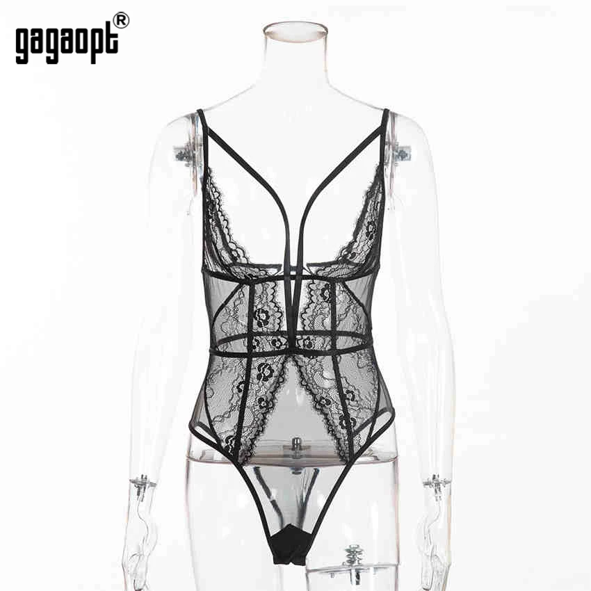 Gagaopt, Кружевное боди для женщин, Бандажное Сетчатое боди, модное черное/белое сексуальное боди, комбинезон, комбинезоны, одежда для сна - Цвет: Черный