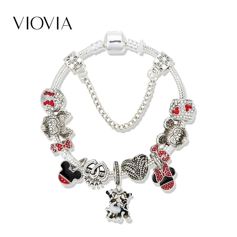 VIOVIA Микки и Минни подвеска с мышкой браслеты для женщин девушка серебряная змея цепи бренд браслет ювелирные изделия B19004