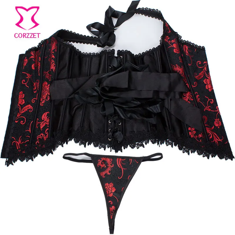 Красный и черный корсет на бретелях топ вышитый сексуальный для женщин
