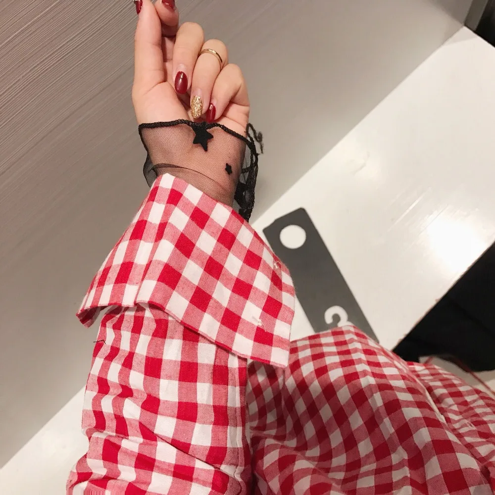 Для женщин Блузки для малышек с длинным рукавом красный черный рубашки в клетку