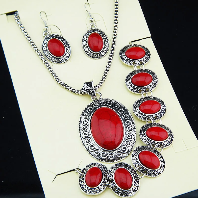 red 3 шт., античное серебро, большой овальный натуральный тигровый камень, серьги, браслет, ожерелье, Женский винтажный ювелирный набор, A-697 - Окраска металла: red