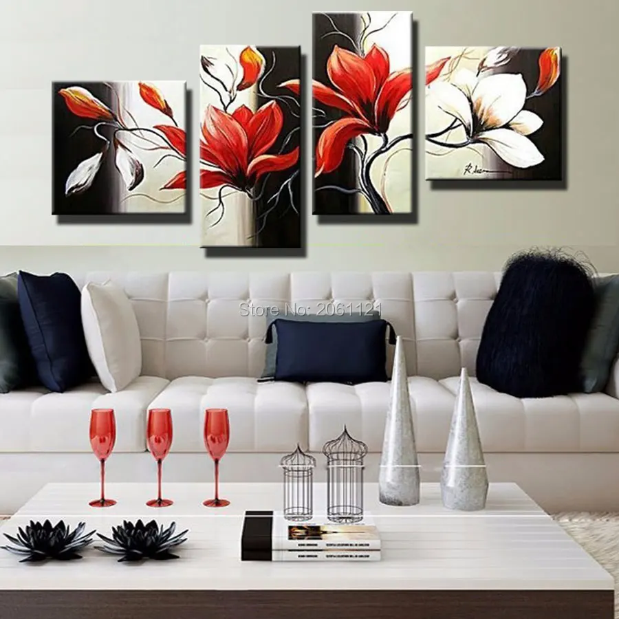 

Handmade 4 Piece Abstract Living Room Wall Art Modern red Flower Decorative Group Painting Oil Canvas Sale For Home 4p4