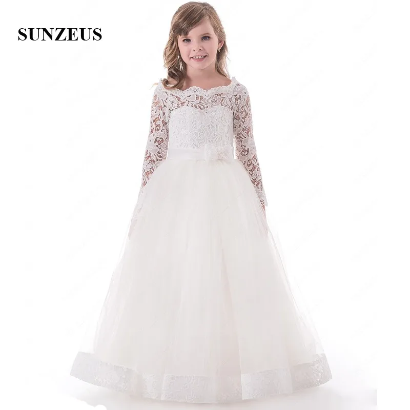 Long Sleeve Lace Flower Girl Dresses for Weddings A-Line Scoop Formal Tulle Holy Communion vestidos flores S1501 | Свадьбы и
