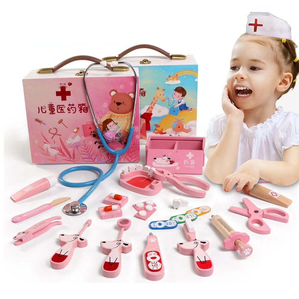 

Baby toys Funny play Real Life Cosplay Doctor game Portable Medicine Box Pretend Doctor Play Set Wooden toy for Kid
