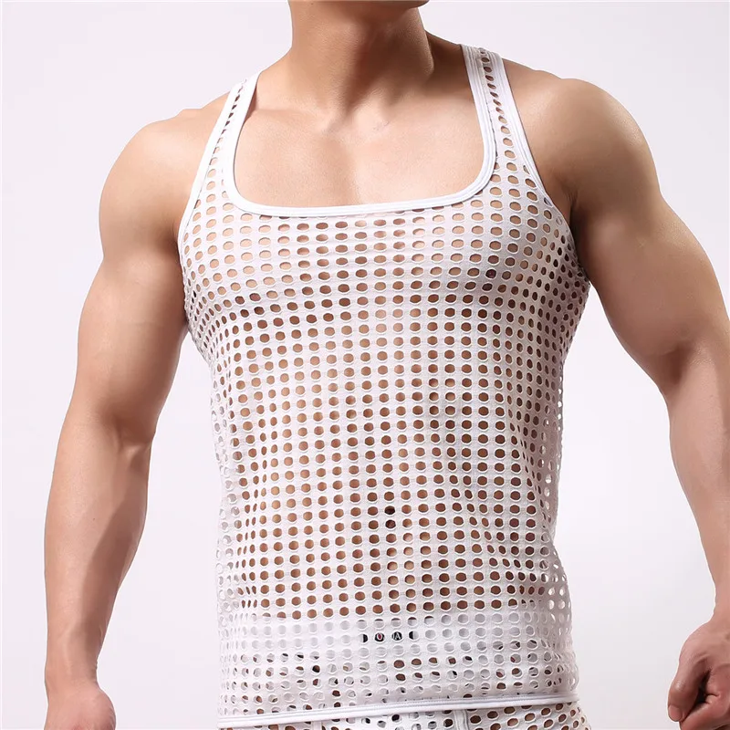 Men's Underwear Tight Vest Undershirt Sleeveless Hollow Out Breathable See Through Shirt Elastic Muscle T-shirt Undershirts