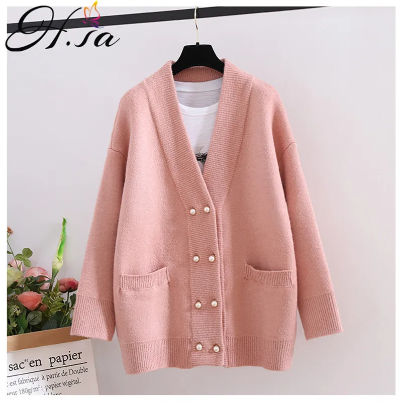 

H.SA New Arrivals Women Long Sweater Cardigans Loose V neck Oversized Knit Jacket Pearl Button Spring Knit Coat Pink Korean Tops