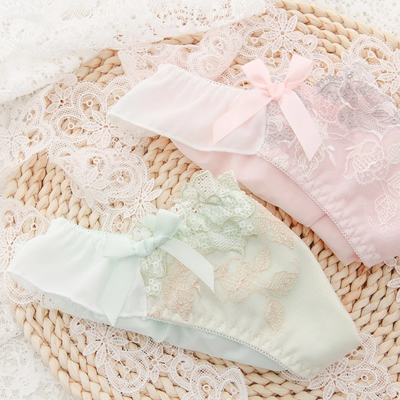 Трусы женское нижнее белье из молочного шелка свежие кружевные стринги с бантом