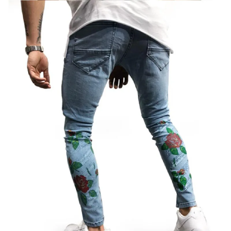 ZYFPGS Для мужчин печати Slim Fit джинсы мыть ноги блестящие джинсовые штаны эластичный