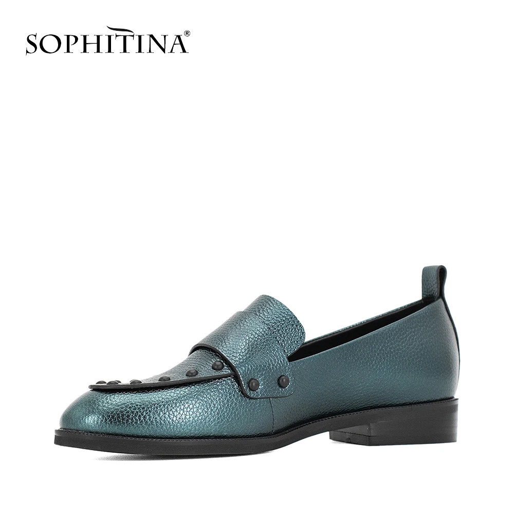 SOPHITINA/Хит 2019г.; Женские туфли ручной работы на сплошной подошве; Цвет зеленый, золотой; Повседневная обувь из натуральной кожи с круглым носком на низком каблуке; Женские ботиночки с декоративными элементами; P11