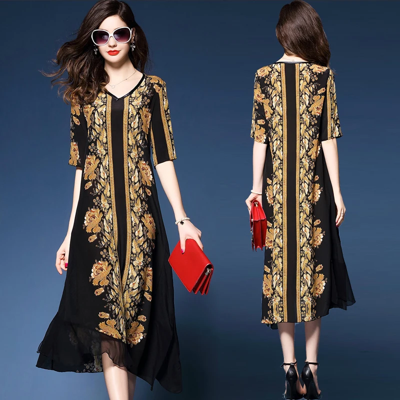 Summer Dresses  2019 new women Loose Vintage Casual Costume Imitate Real Silk Print Dresses Lady's Evening Party Dress