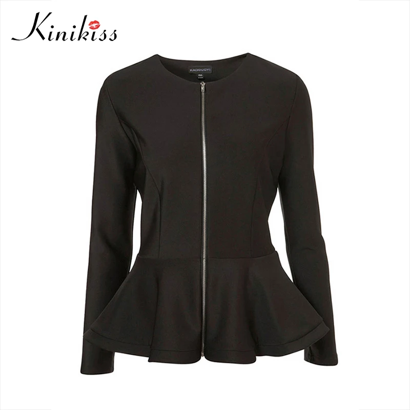 Kinikiss, осенняя Женская куртка на молнии, черная, зимняя, белая, модная, с оборками, женская, негабаритная, с длинным рукавом, сексуальная одежда, тонкое пальто