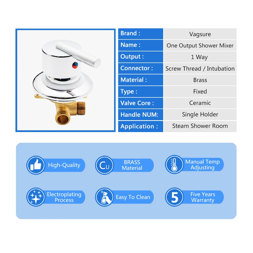 vagsure 1 ways outlet gear screw thread intubation tap cold and hot brass shower faucet mixer diverter bathroom cabin steam free global shipping