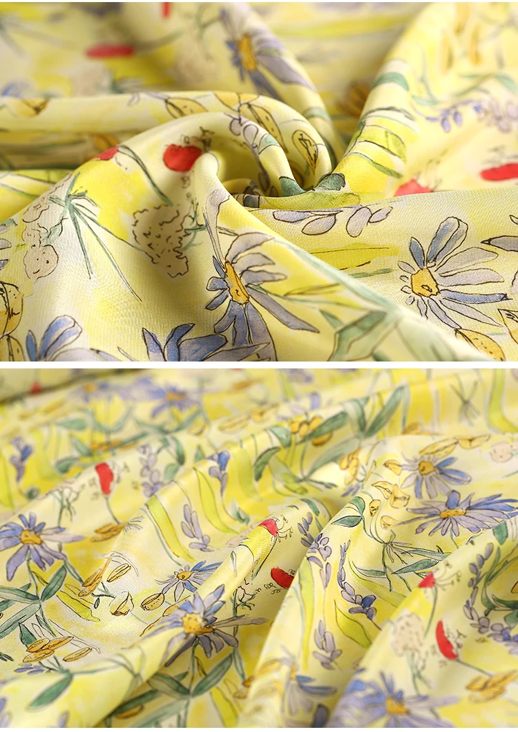 110 см Ширина 16 мм ромашки желтый шелк тутового цвета крепдешин ткань для женщин летние платья блузка швейная DIY-AF652