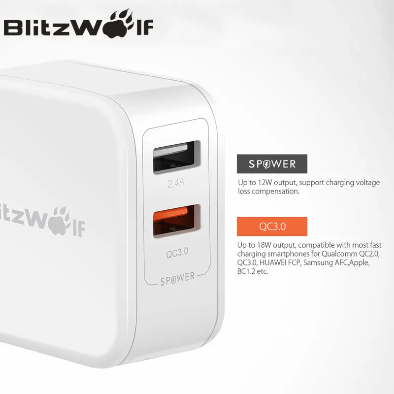 BlitzWolf QC3.0 USB адаптер для путешествий с европейской вилкой зарядное устройство для мобильного телефона быстрое зарядное устройство для iPhone 11X8 Plus для samsung смартфона