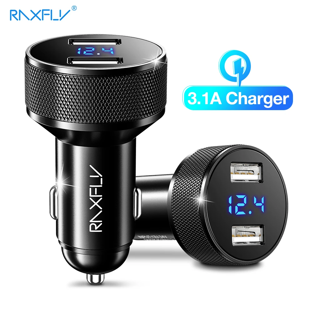 RAXFLY 3.1A быстрая зарядка автомобильное зарядное устройство Dual USB Универсальное зарядное устройство для iPhone samsung huawei Xiaom цифровой дисплей автомобильное зарядное устройство для телефона