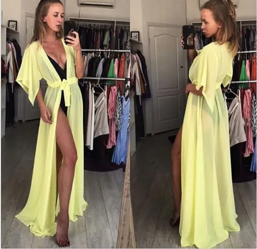 Women Beachwear Bikini Beach Wear Cover Up Long Blouse Shirt Maxi Dress Bandage See-through Cardigan Summer Clothing | Женская одежда