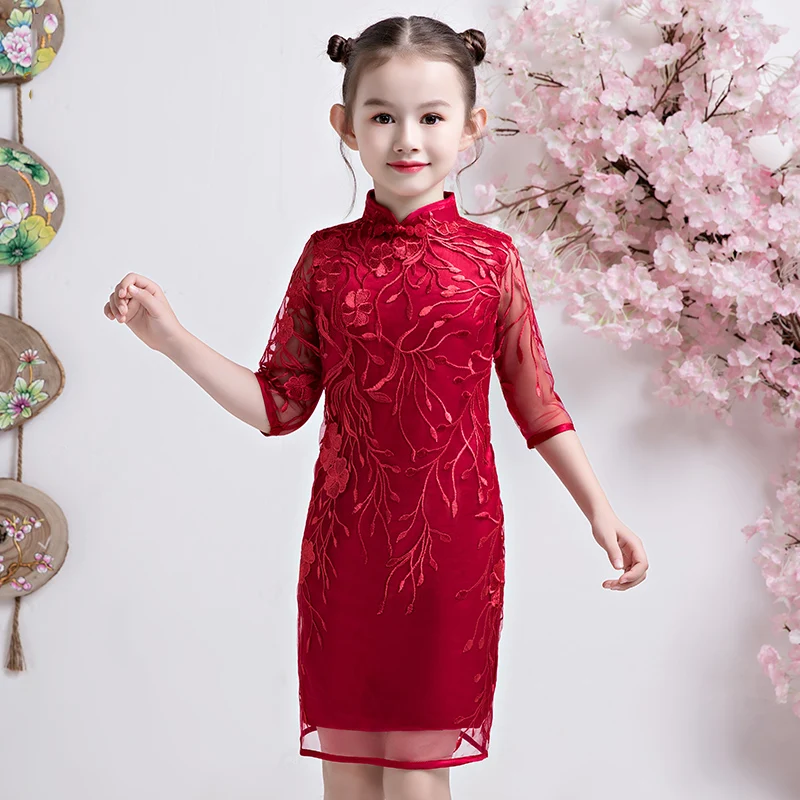 Qipao платье Ципао детские красные летние династии Тан традиционные китайские