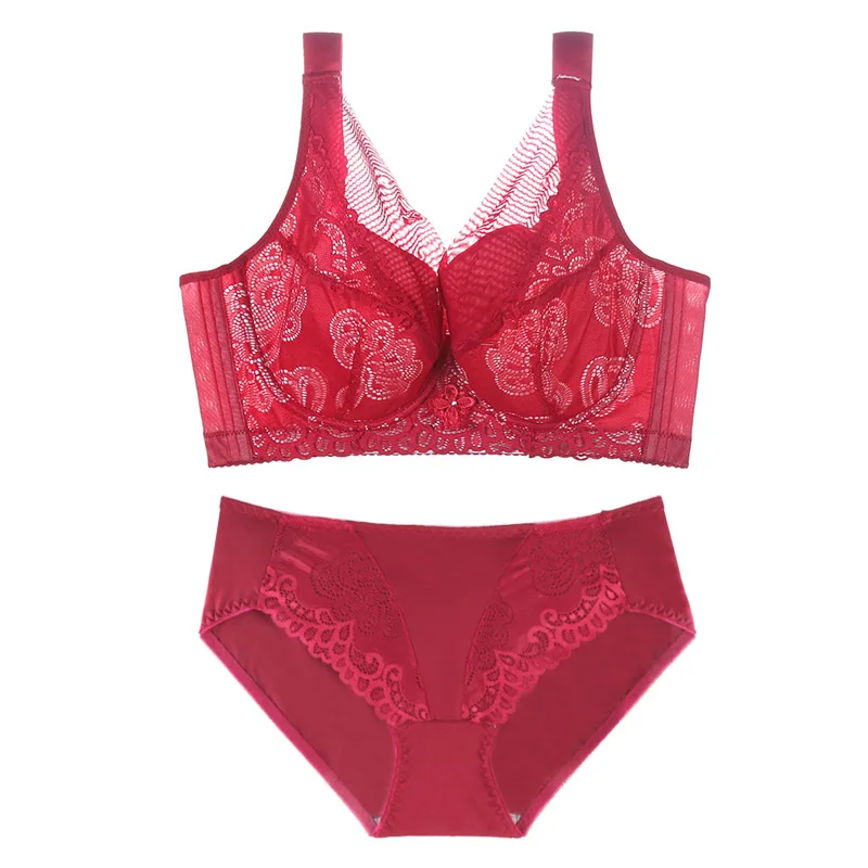 Rose Red Набор бюстгальтеров пуш-ап размера плюс 80-115 C, D, E, F, для женщин, сексуальные трусики и бюстгальтер, набор бюстгальтеров с тонкой чашкой, L-XXXL Размер - Цвет: Rose Red