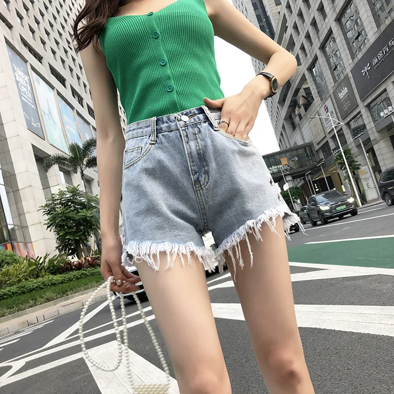 Xisteps Women High Waist Slim Short Jeans Boyfriend Loose Summer Street Wear Plus Size Hot Sexy Ripped Light Blue