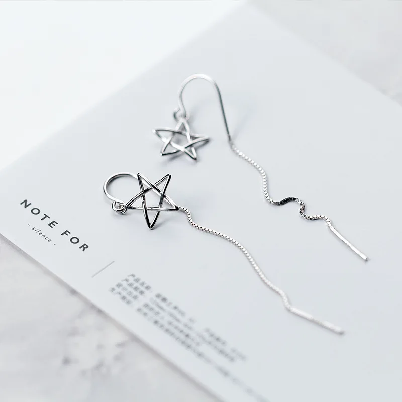 Real. 925 Sterling Silver jewelry Open Hollow Star Threader dangle Earrings long Handmade GTLE1527 | Украшения и аксессуары