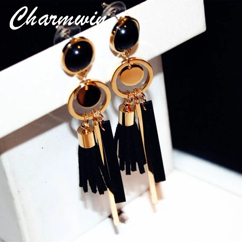 Женские кожаные серьги подвески Charmwin зеленые/черные длинные висячие в винтажном
