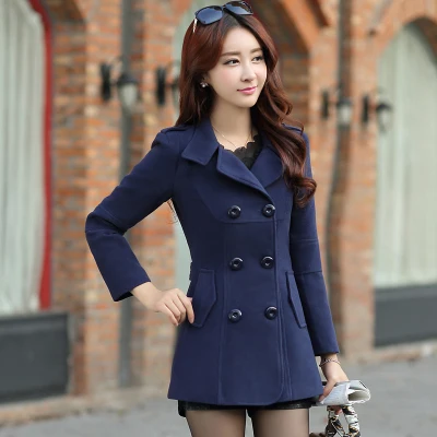 Navy Blue Осень-зима Новое модное женское Шерстяное Пальто Двубортный пиджак Элегантный bodycon кокон длинное шерстяное пальто однотонный верх B329 - Цвет: Navy Blue