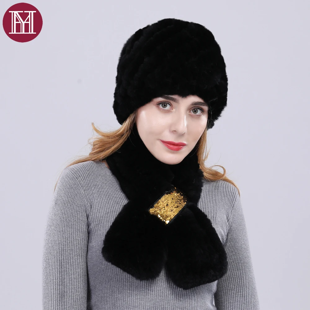 Зимний женский натуральный с мехом кролика шапка и шарф комплект из 2 предметов