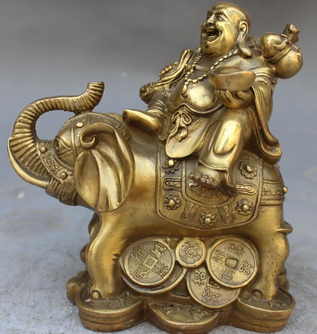 

15cm Chinese Buddhism Bronze Brass Wealth Auspicious Elephant Maitreya buddha Statue