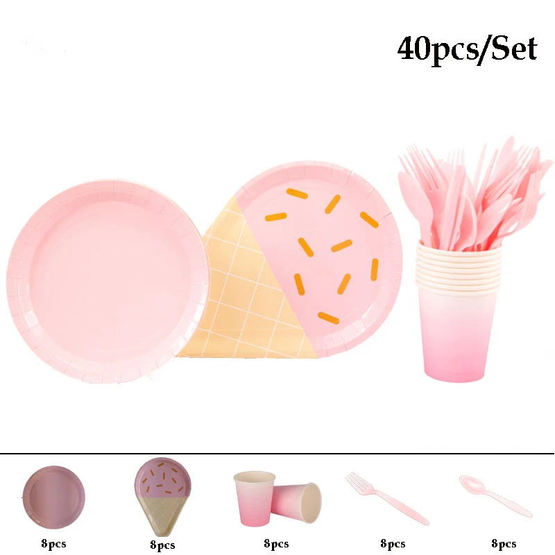 40pcs pink 40 шт./компл. в форме мороженого бумажные тарелки для вечеринок одноразовая посуда салфетка для чашек детский душ День рождения Свадебные принадлежности - Цвет: 40pcs pink