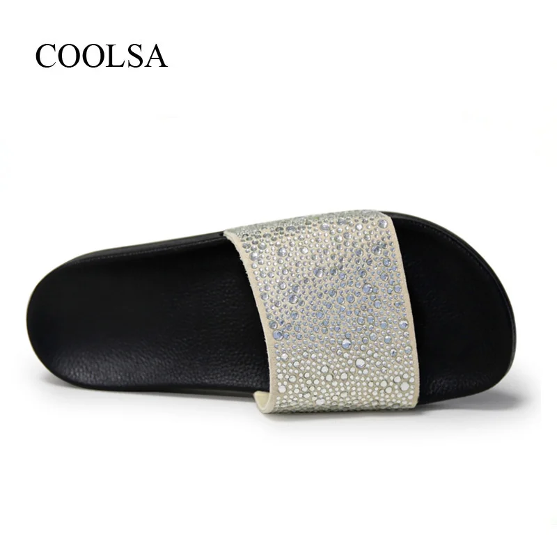 COOLSA/Женские однотонные плоские стразы шикарные Тапочки женские нескользящие комнатные тапочки с кристаллами пляжные вьетнамки, женские шлепанцы