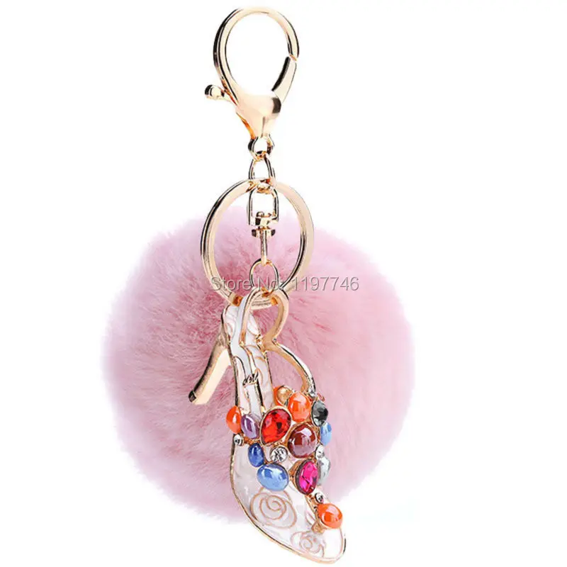 9 Colors Big 8cm Rabbit Soft Fur Ball Pom Keyring Keyfob Colorful Crystal Rhinestone High Heel Shoe Pendant Key Chain | Украшения и
