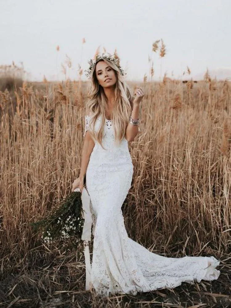 Женское кружевное платье Русалка Boho элегантное пляжное свадебное с открытыми