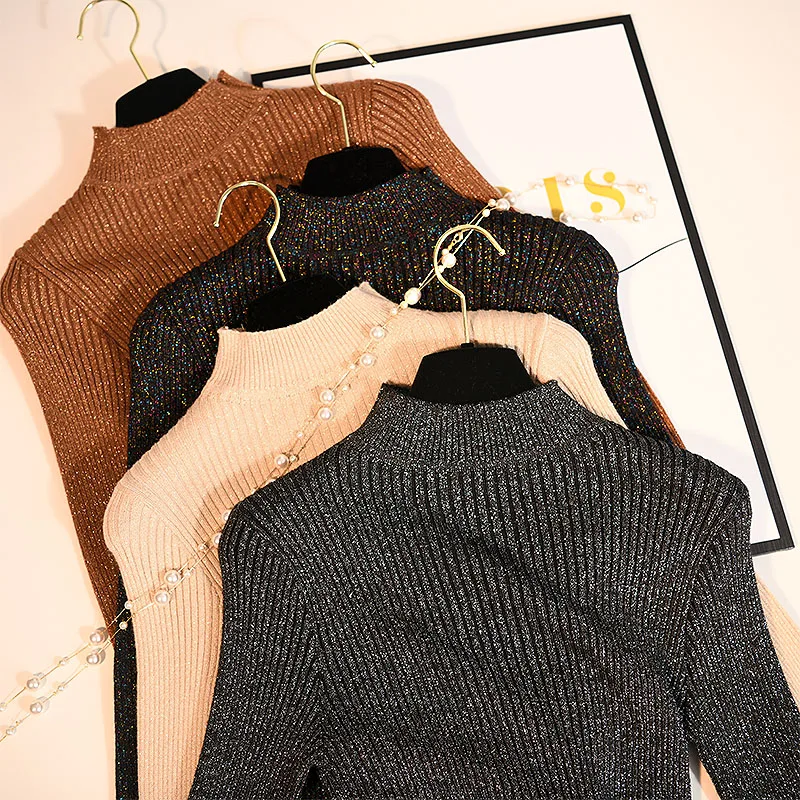 

Cakucool Shiny Lurex Autumn Sweater Women Turtleneck Korean Long Sleeve Slim Knit Pullover Silver Bodycon Basic Top Shirt Female
