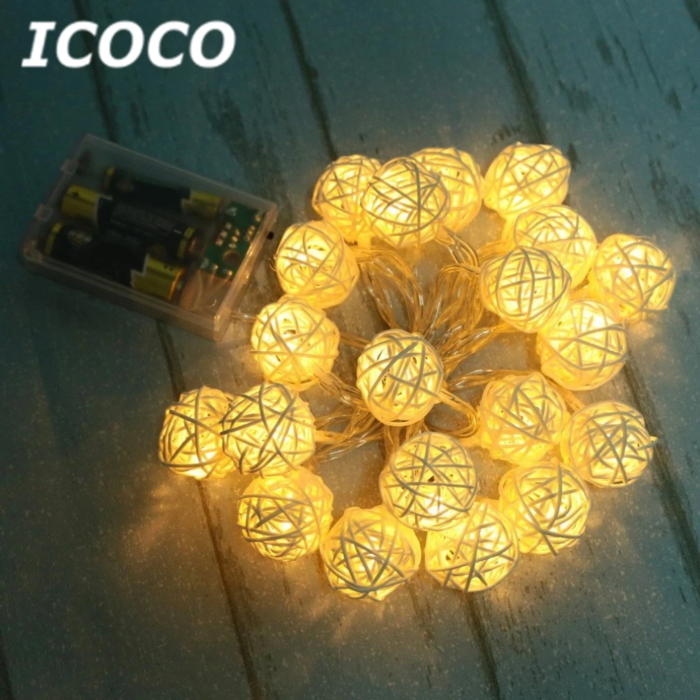 ICOCO 2 м 20 светодиодная гирлянда из ротанга шаровая лампа на батарейках медная
