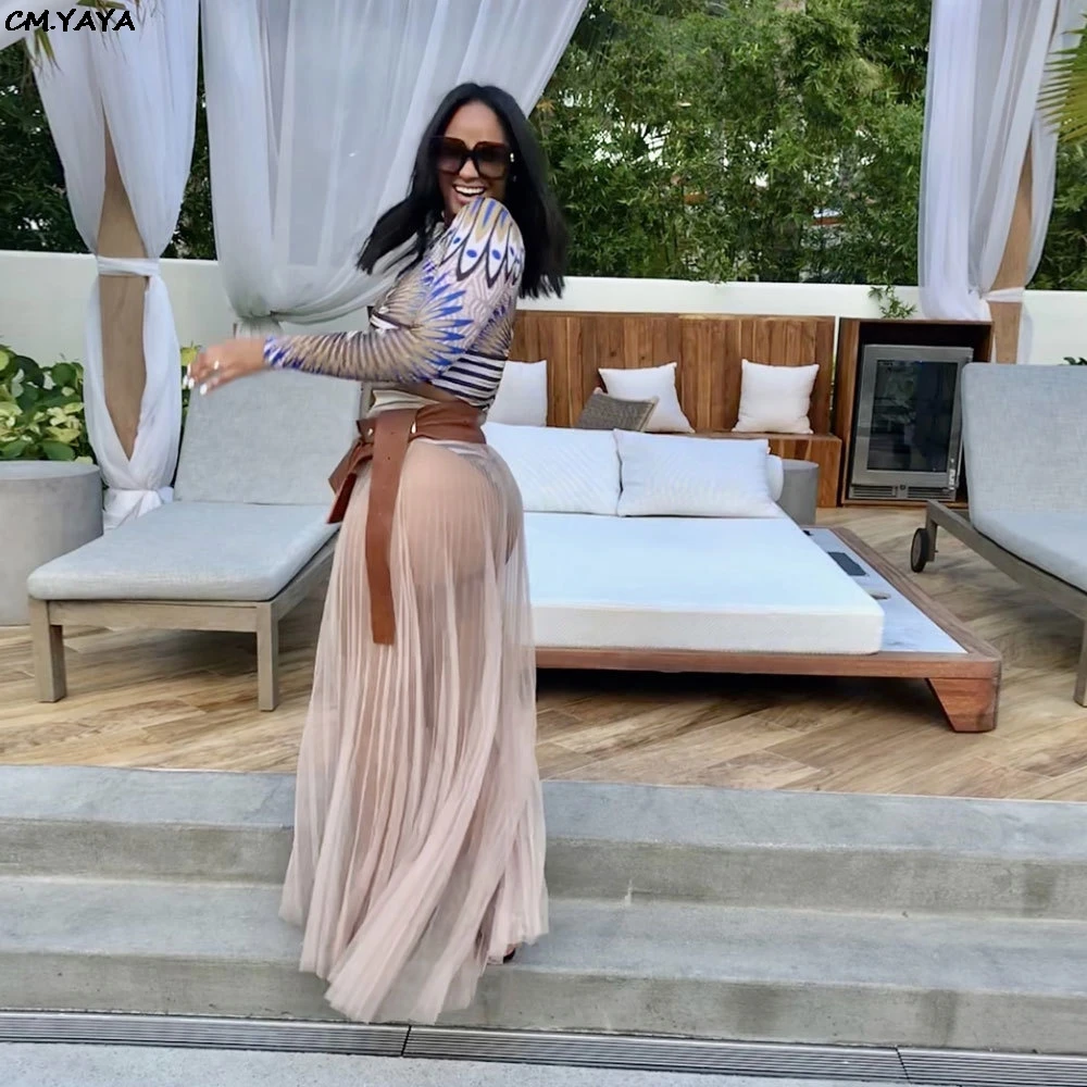 Женская длинная Плиссированная юбка прозрачная пляжная макси в пол 2 цвета