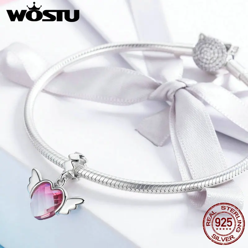 WOSTU, 925 пробы, серебряный, градиентный, розовый, сердце, крылья ангела, милый, CZ, бисер, браслет, подвеска, модные ювелирные изделия, вечерние, подарок, CQC846