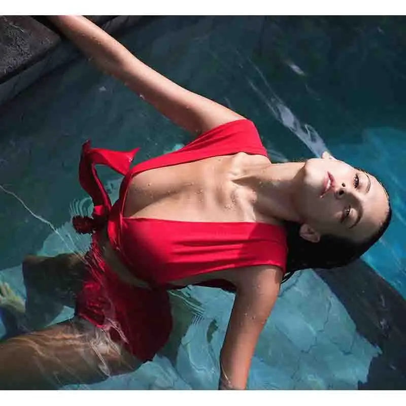 Женский купальник с высокой талией красный бикини v-образным вырезом пуш-ап 2019 |