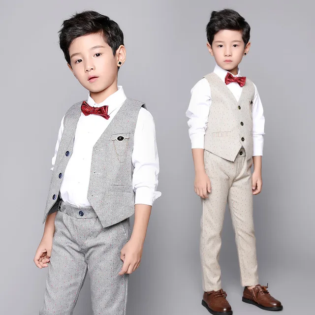 Flower Boys Formal Tuxedo Vest+ Pants 2Pcs Clothing Set Children Wedding Birthday Gift Dress Kids Piano Show Performance Costume | Детская