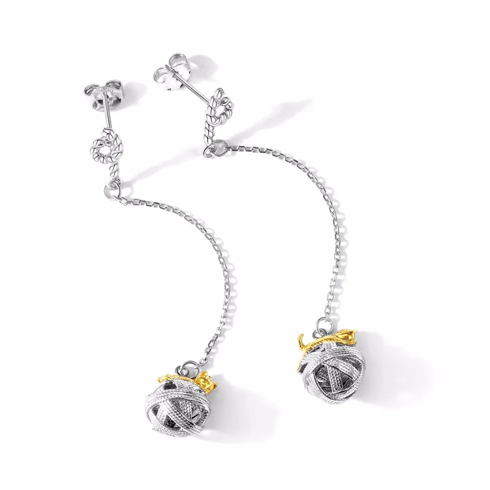 SILVERCUTE Золотая кошка висячие серьги Китти играющий шар из пряжи & с длинными