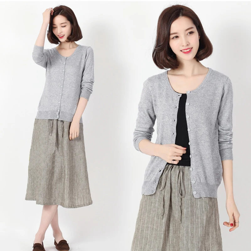 Женский вязаный кардиган однотонный Повседневный свитер с круглым вырезом и